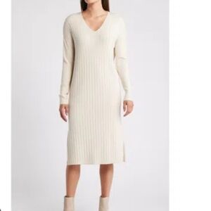 NWT Caslon Long Sleeve V-neck Knit Sweater Dress Off-white L/XL Stretchy Chic